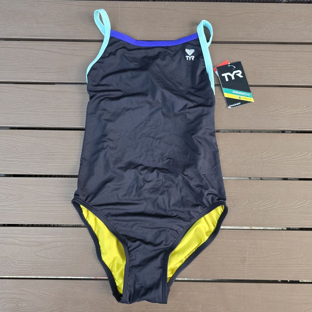 TYR Women Durafast Solid Brite Diamondfit Swimsuit Black/blue/purple Sz 34 New